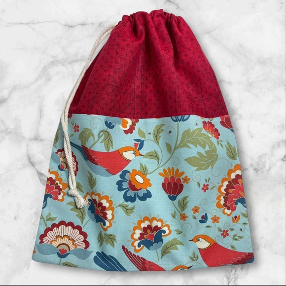 Red Bird Print Reusable Linen Bread Bag, Eco-Friendly Cotton Bread Storage Bag - Picture 5 of 5